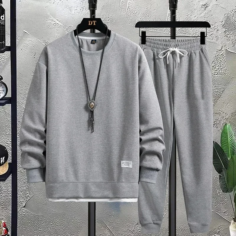 Spring and Autumn Fashion New Men's Brand Round Neck Hong Kong Style Waffle Set Casual and Handsome Sports Two Piece Se