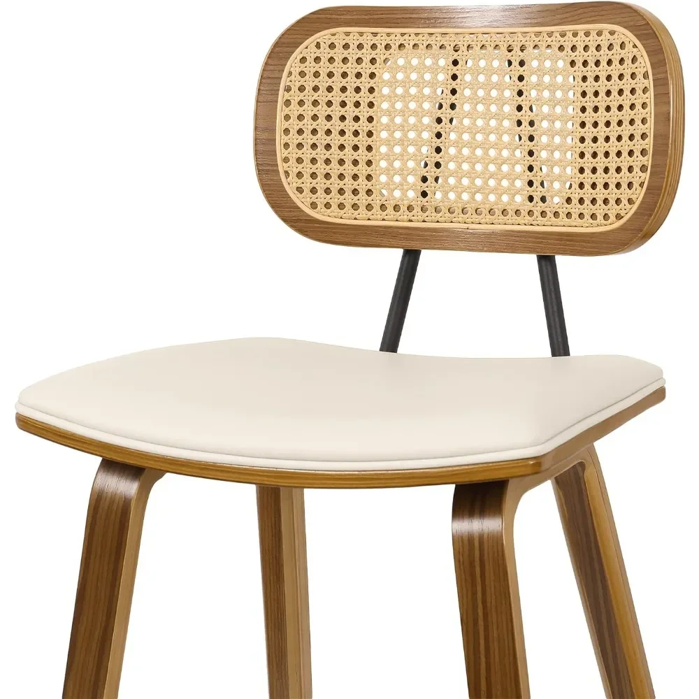 Counter Height Bar Stools Set of 3, 26" Wood Kitchen Stool PU Leather Upholstered Barstool with Rattan Back Cream White