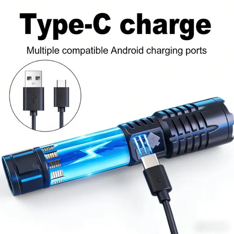 2개입 슈퍼 브라이트 LED 텔레스코픽 손전등 - USB 충전식 손전등 - 야외 캠핑 및 하이킹에 적합