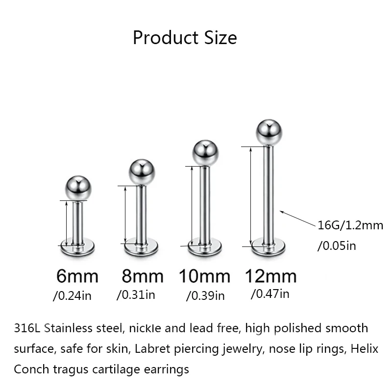 Piercing Jewelry 15Pcs 16G Stainless Steel Lip Rings Labret Nose Studs Monroe Nose Studs Cartilage Tragus Helix Earring 6/8/10/12mm
