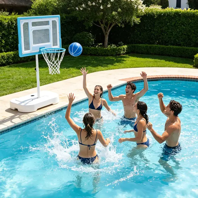 20014-854311.jpg Outdoor Poolside Basketball Hoop, Adjustable Height, Stainless Steel, 32'' Shatterproof Backboard, 2 Balls & Pump