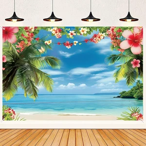 Hawaiian Summer Beach Background Tropical Seaside Flowers Aloha Luau Ocean Sea Surfboard Holiday Party Birthday Backdrop Decor party supplies birthday backdrop party decoration party backdrop curtain