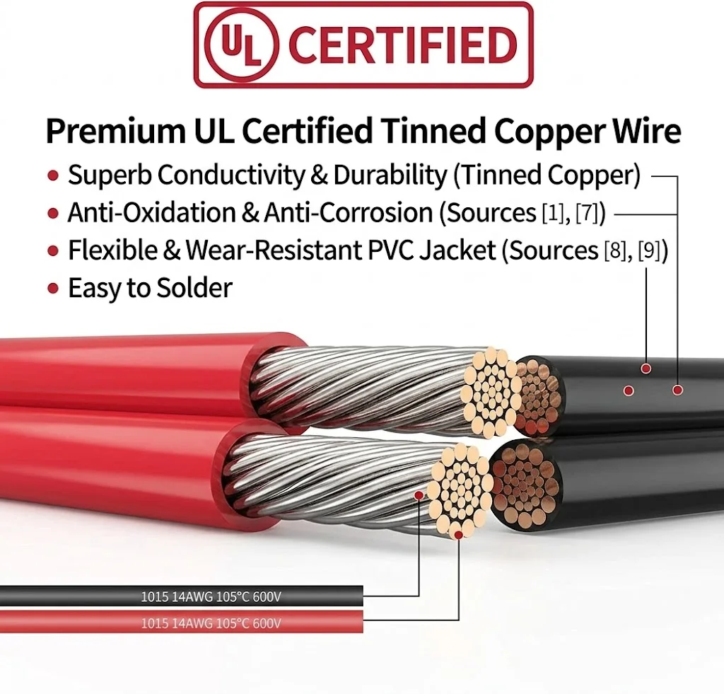 2피트 14AWG SAE 전원 소켓 측벽 포트 - O 링 커넥터 연장 코드 케이블 (10A, 15A, 20A 퓨즈 포함, 태양광 발전기용)