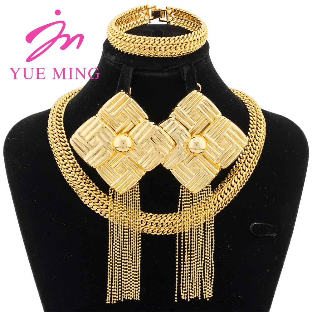 

18K Gold Plated Jewelry Set Nigerian Party Bridal Wedding Gifts Ethiopian Necklace Bracelet Tassel Earrings Luxury Dubai Jewelry