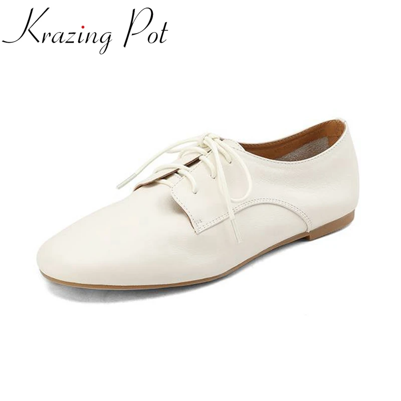 

Krazing Pot Cow Leather Round Toe Low Heels Loafers Shoes Western French Romantic Retro Office Lady Cross-tied Women Brand Flats