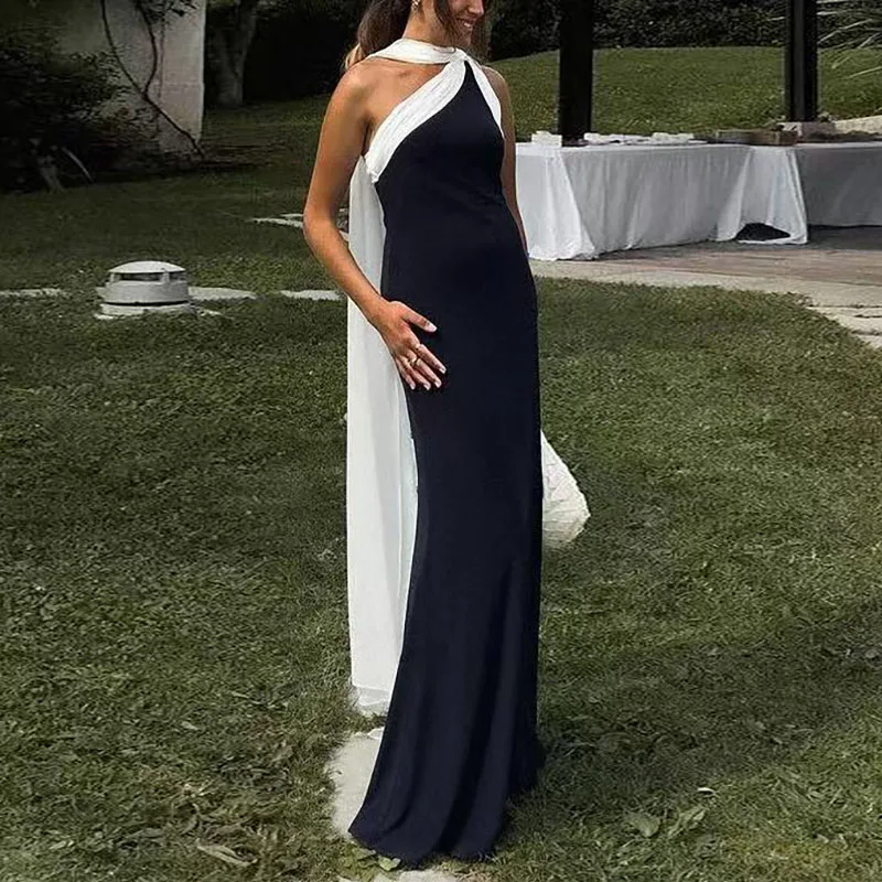 Sexy Contrast Color Backless Maxi Dress Women's Elegant One-Shoulder Ribbon  Party Dress New Summer Fashion Sleeveless Boho Dress
