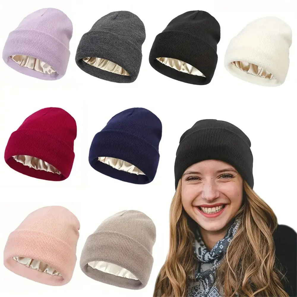 Satin Lined Anti Static Beanie for Women Winter No Static 2 Layer Knitted Hat Silk Satin Bonnet Hair Cover Sleep Cap SkiSkullies