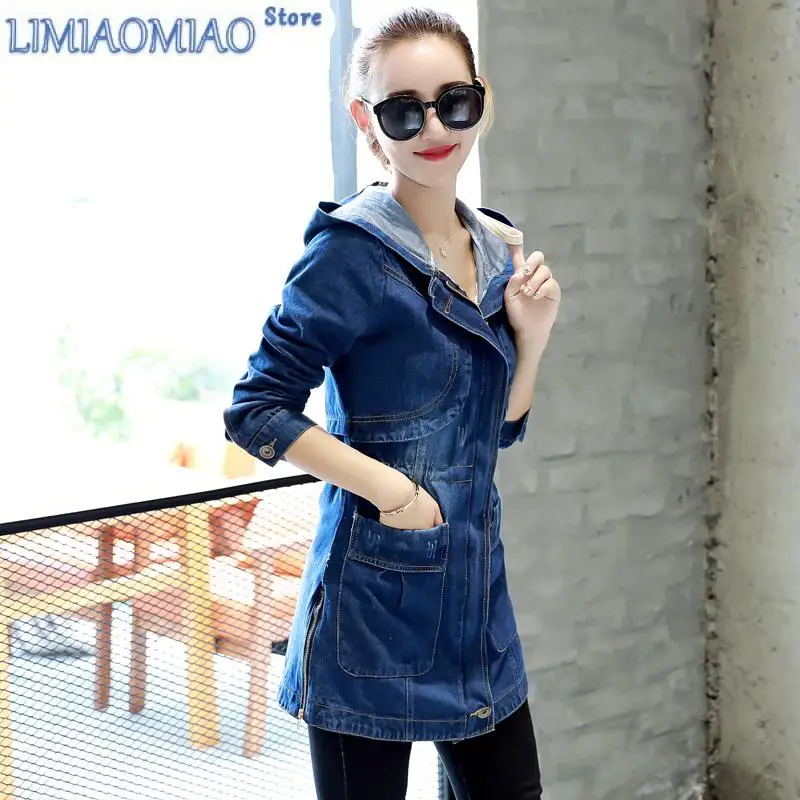 New Hooded Denim Women Jackets Spring Autumn Loose Vintage Long-sleeved Jeans Jacket Casual Student Slim Denim Coat Plus size