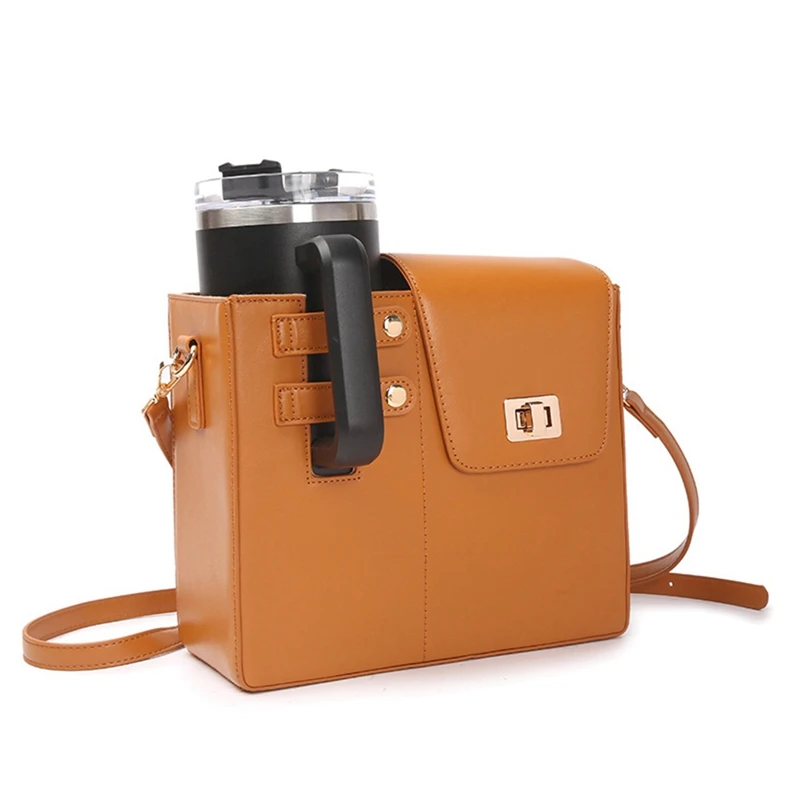 Leather Crossbody Water Cup Storage Bag With Adjustable Shoulder Strap