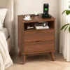 Walnut Nightstand with Drawer and Open Shelf USB Charging Station Bedside Table with AC Outlets Fluted Wood Side Table Storage Cabinet for Bedroom Living Room Sofa 1