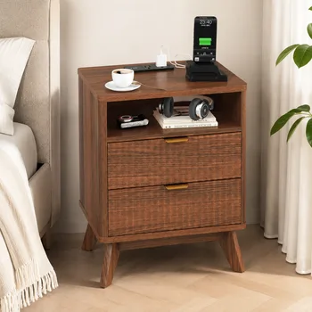 Walnut Nightstand with Drawer and Open Shelf USB Charging Station Bedside Table with AC Outlets Fluted Wood Side Table Storage Cabinet for Bedroom Living Room Sofa 1