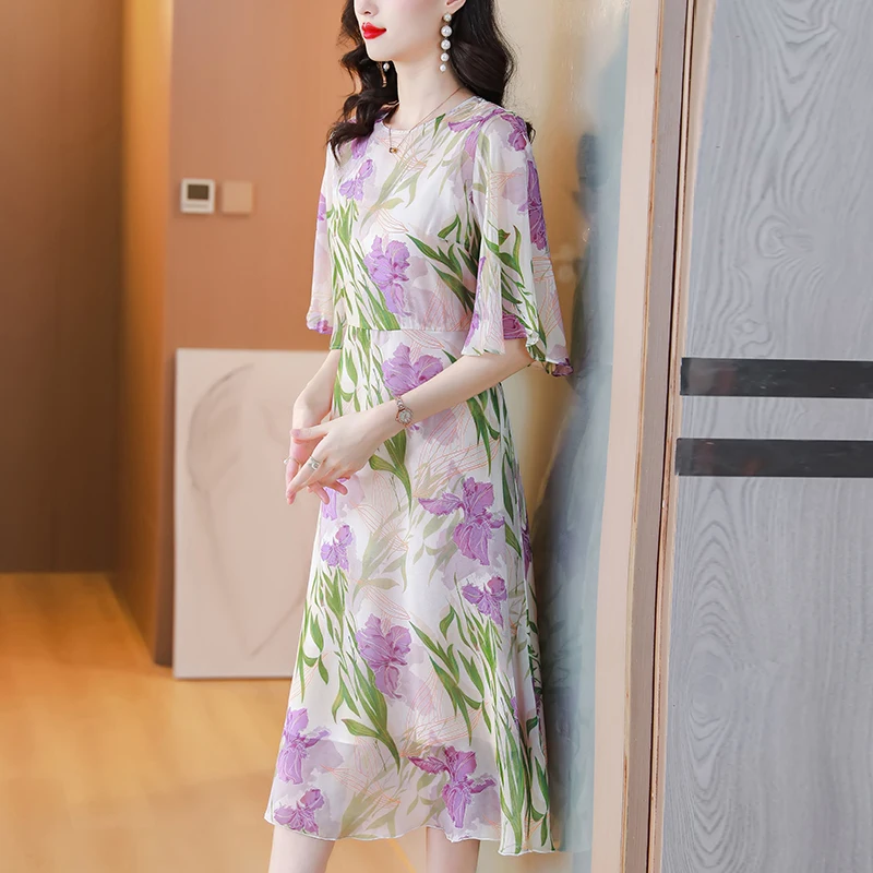 

2023 New Fashion Silk Printed Dress Women's Summer Versatile Round Neck 5/4 Sleeve Loose Fit Leisure Party Dress Vestidos