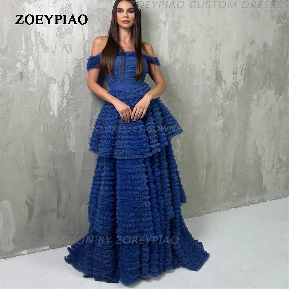 

Navy Blue A Line Evening Dresses Women Custom Off Shoulder Tiered Strapless Prom Gowns Wedding Formal Event Party Guest Dress