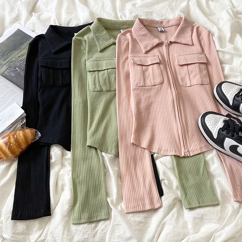 

Temperament Solid Color POLO Neck Slim Fit Double Zip Pocket Cotton Long Sleeve T-Shirt