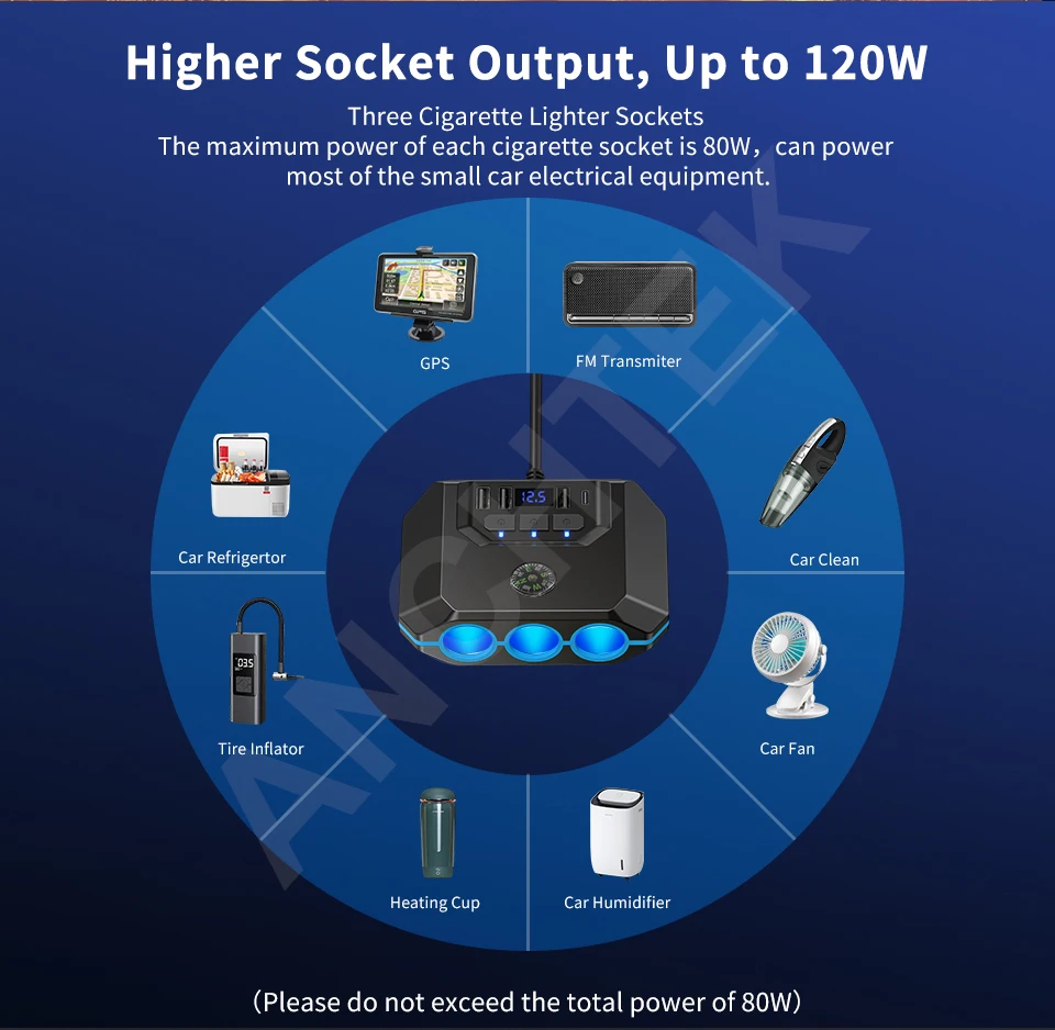 Anchtek 120W Auto Zigarettenanzünder Adapter USB Schnellladegerät Splitter Multinational Steckdose Anschlüsse LED Voltmeter Autozubehör – Detail 14