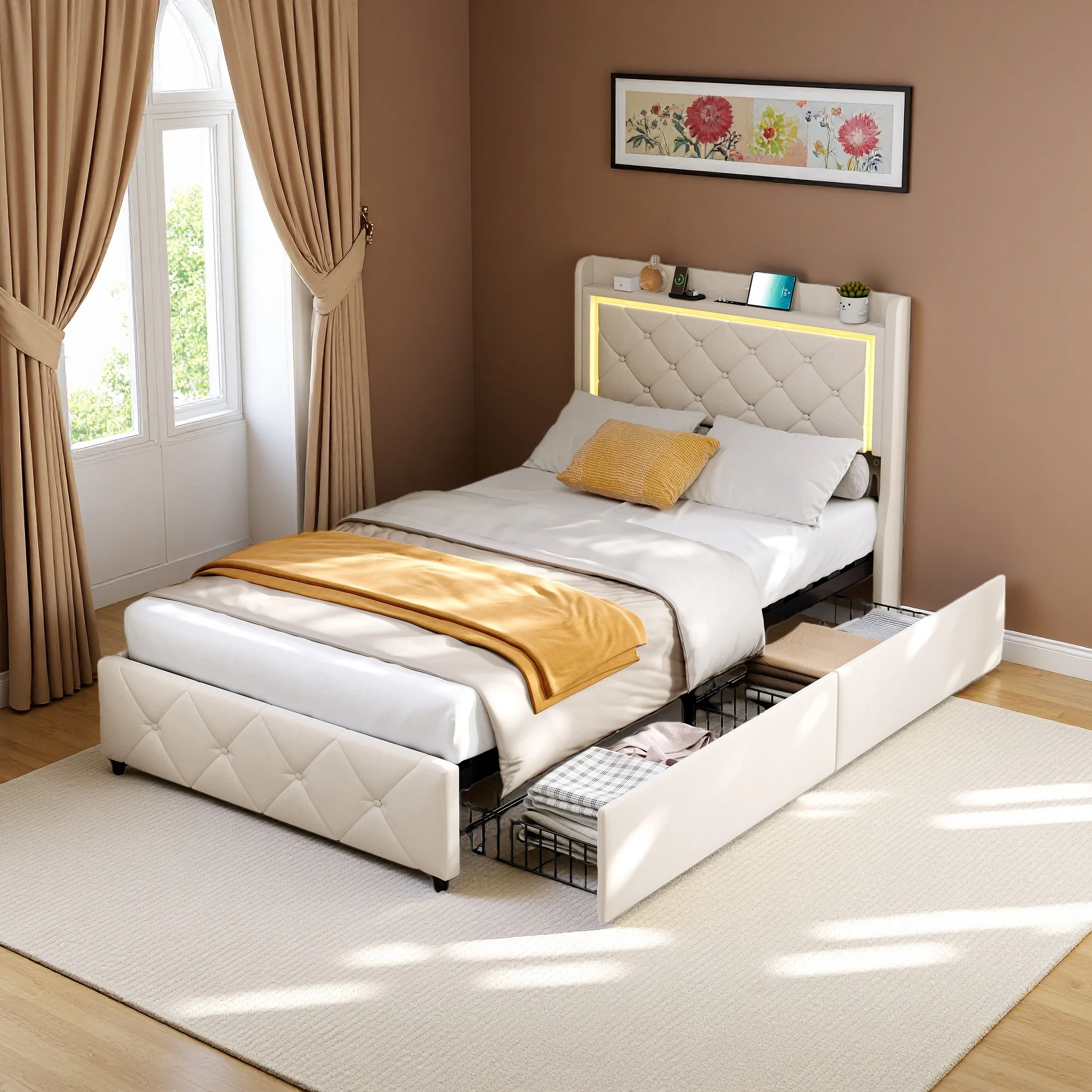 Superaly 90x200cm gepolstertes Einzelbett, Kinderbett, Jugendbett mit USB-Ladefunktion und LED-Beleuchtung, Samtstoff, Beige – Detail 9
