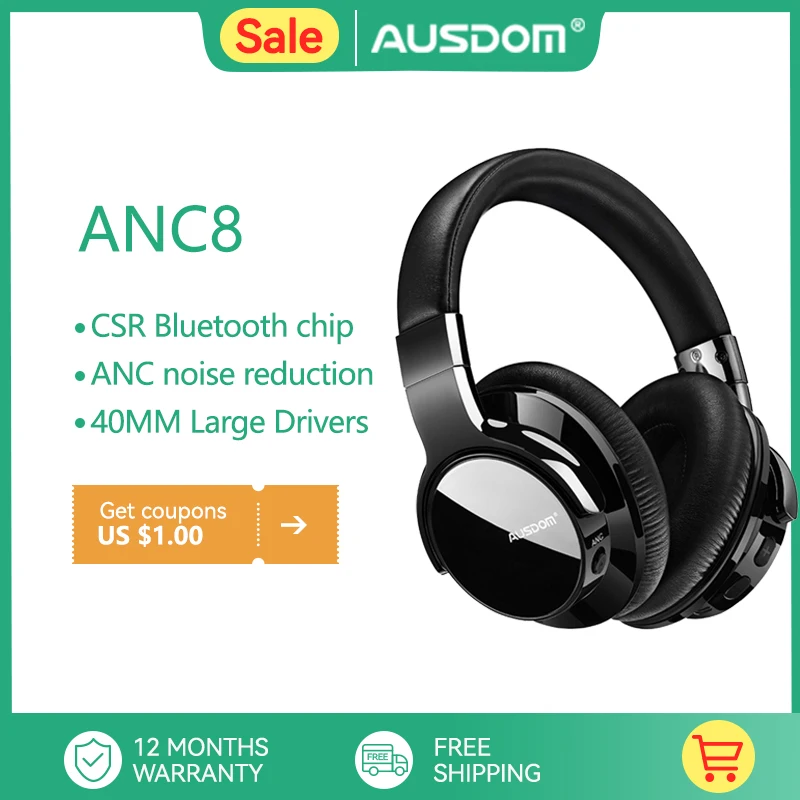 Ausdom Anc8 Cuffie Wireless Con Cancellazione Attiva Del Rumore Cuffie Bluetooth Con Bassi Profondi Super Hifi 60 Ore Di Riproduzione Per Il Lavoro Di