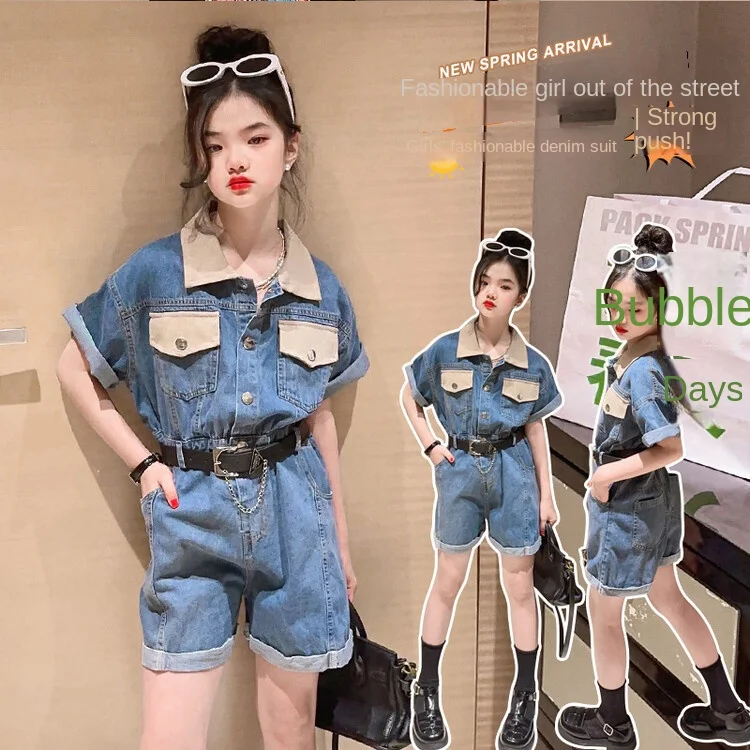 

Girls one-piece suit medium large childrens color-blocking denim short-sleeved shorts jumpsuit+biet 2pcs Teen girls clothes set