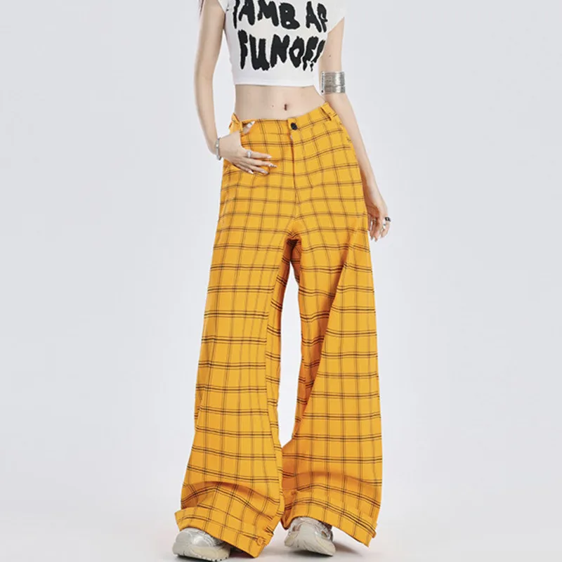 

Джинсовая одежда на планете, Новинка лета 2024, универсальные облегающие широкие женские свободные клетчатые повседневные брюки с завышенной талией для лета