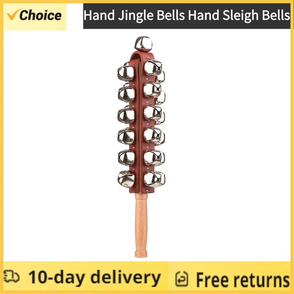 Hand Jingle Bells Hand Sleigh Bells Wooden Shaker Jingle Bells Stick Musical Percussion Instrument Bells for Home Decoration