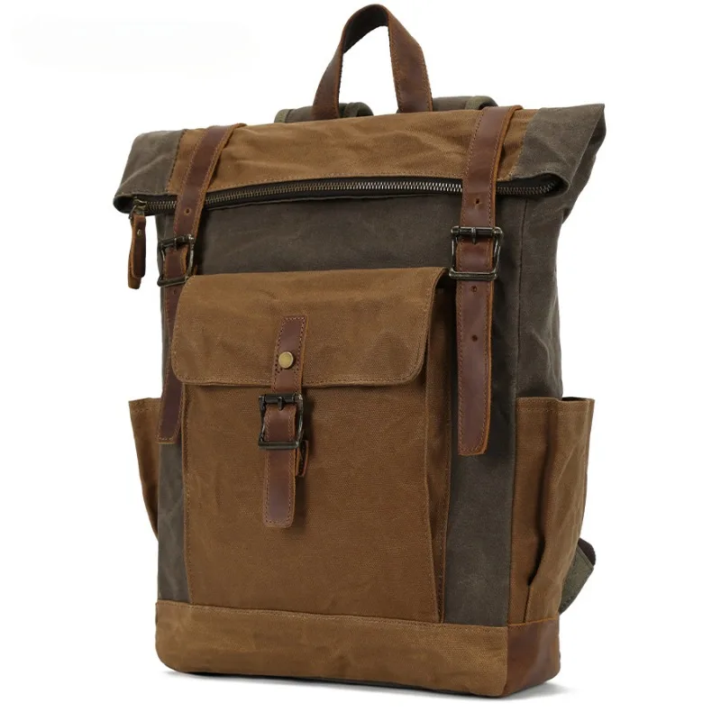Wax Canvas Backpack genuine leather Outdoor Hiking Bag Waterproof Crazy Horse Leather Men's Bag 3