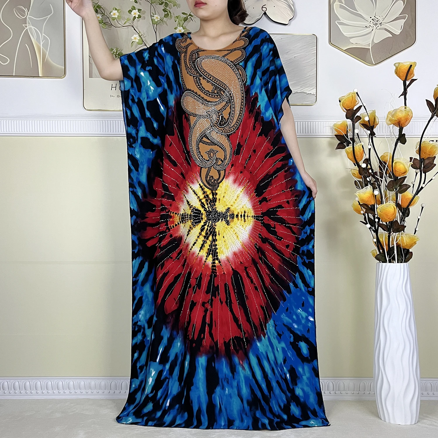 2024 New Muslim Women Dashiki Short Sleeved Dress Diamonds Printing Cotton Loose Robe Kaftan African  Women Dress With Big Scarf
