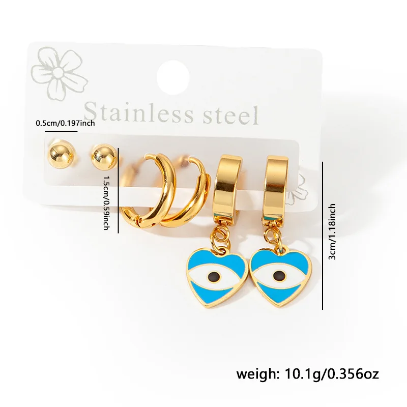 Chic Stylish Trendy 18K Gold Plated Stainless Steel Blue Turkish Eyes Earrings Jewelry 3Pair/Set Earrings For Women 10