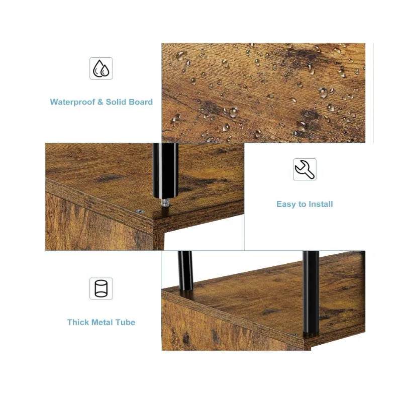 Four story S-shaped side table, open bookshelf, made of waterproof medium density fiberboard and thick metal tube
