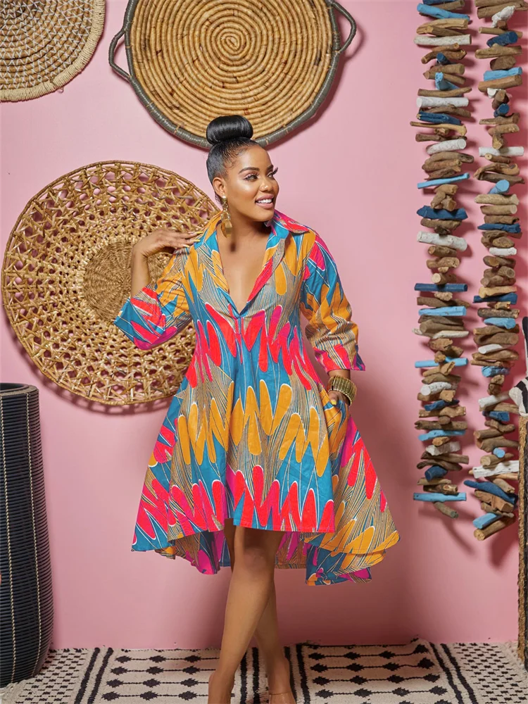 Wmstar Dresses for Women 2022 Fall Elegant Printed Sweet Maxi Shirt Dress Fashion Streetwear Big Hem Wholesale Dropshipping