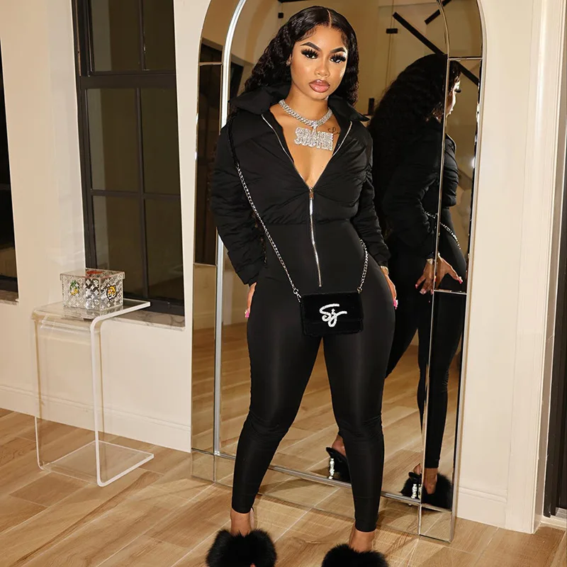 2023 Autumn Winter Jumpsuits Women Basic Long Sleeve turtleneck Zipper Thick Warm One-piece Rompers Down Patchwork Outfits
