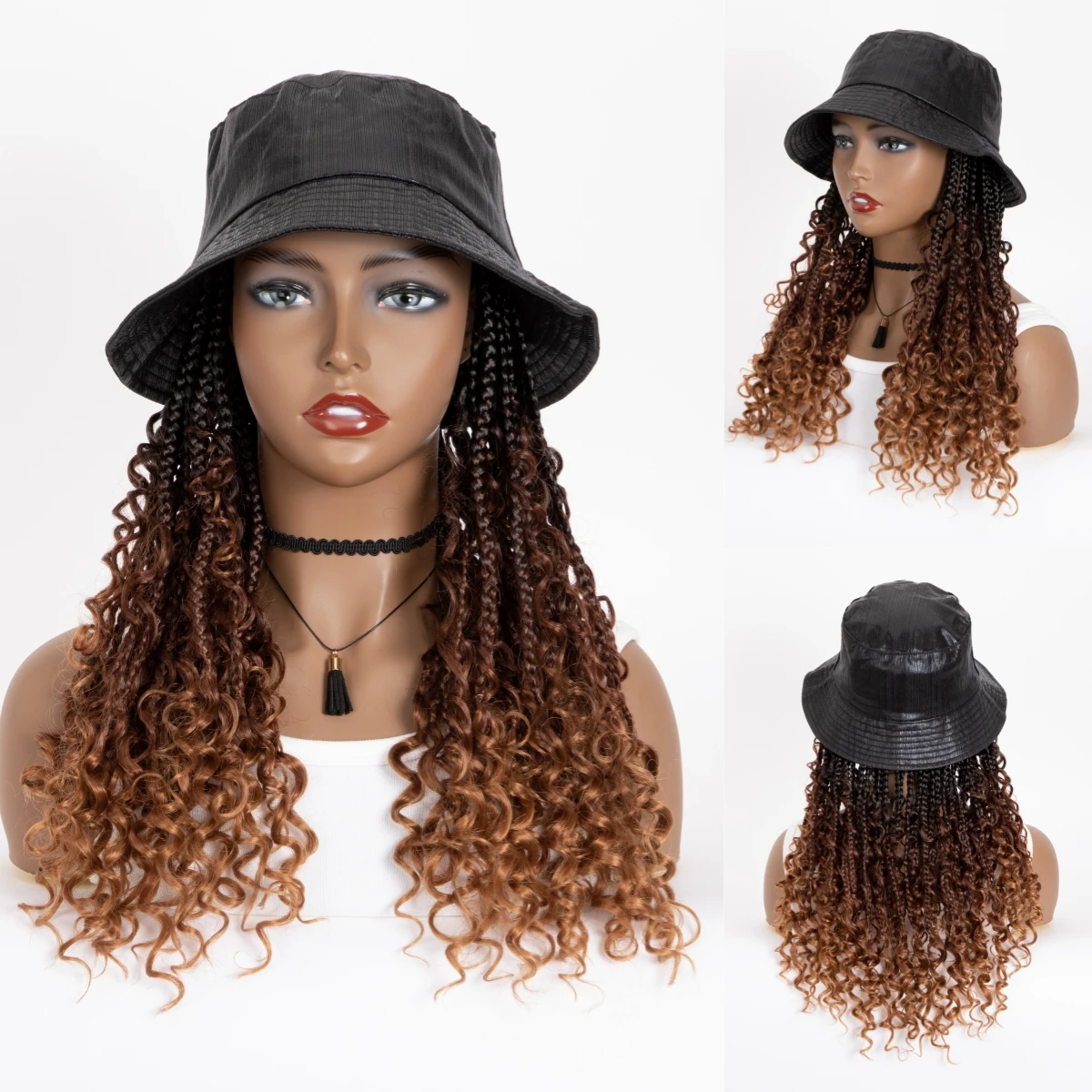 

WIGERA Synthetic Hat Wig Goddess Boho Box Braids With Curly Ends Ombre Black Blond Bohemian Braids Braiding Hair With Bucket Hat