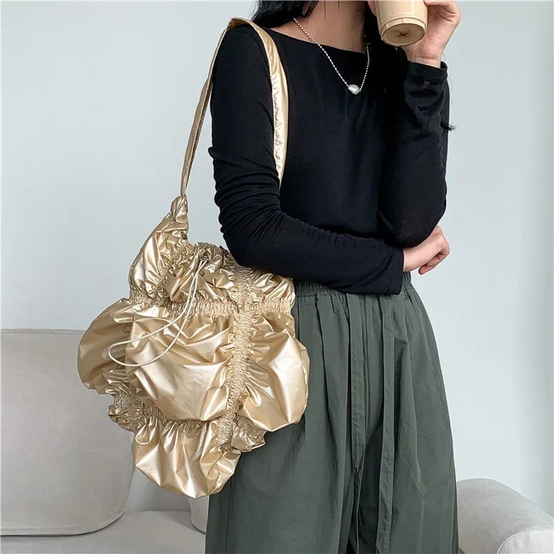 Fashion Pleated  Flower Shape Women's Shoulder Bag Soft Silver Leather Tote Bag Casual Drawstring Daily Pouch Shopper Bag 2023