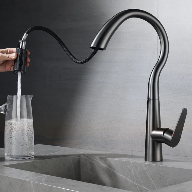 NEW Kitchen Sink Faucet Stainless Steel Material Gun Grey Color Mixer Water Cold & Hot Hoses Pull DownGUN GREY
