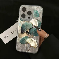 Elegant Inkgo Leaf Pattern Luxury Phone Case with Feather IMD Laser Cover Design - iPhone 13 (SC03 - BA - P2862)
