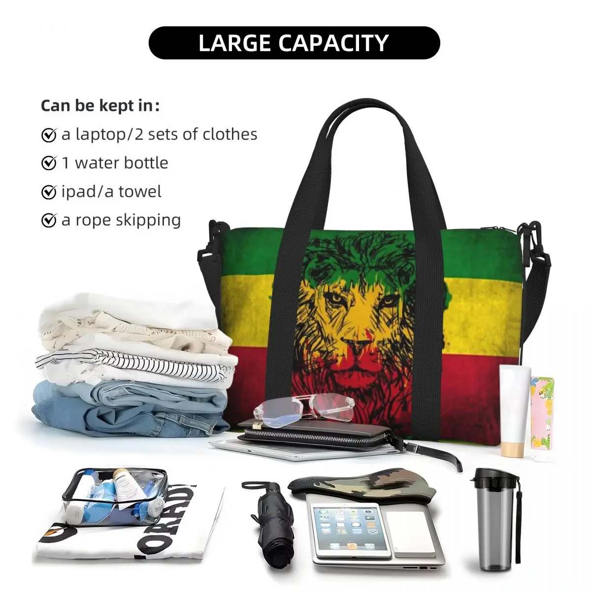 Lion Of Judah Rasta Jamaican Reggae Beach Tote Bag for Women Rastafarian Art Big Compartment Beach Gym Travel Bags