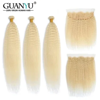 #613 Blonde Kinky Straight Hair Bundles with Frontal Brazilian 100% Human Hair Weave 3 Bundles with Lace Frontal 13x4 KKS