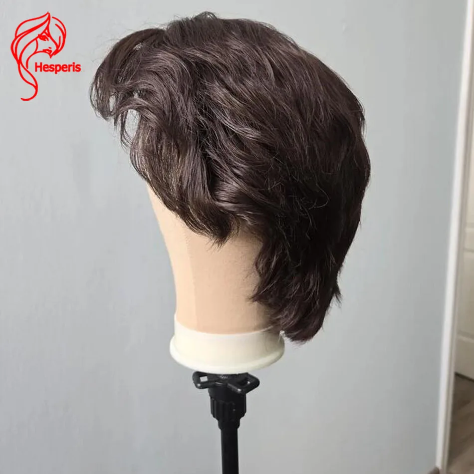 헤스페리스 브라질리언 레미 남성용 가발 프리플럭드 내추럴 웨이비 픽시컷 다크 브라운 딥 파트 레이스 프론트 프리스타일드 인모 가발