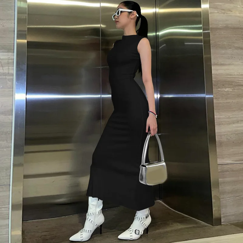 Vestido largo liso sin mangas para mujer, ajustado, con hombros descubiertos, elegante, ajustado, para fiesta, de verano