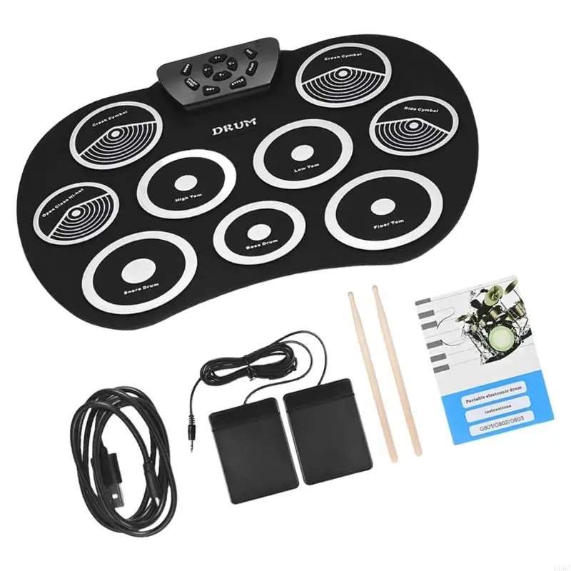 H8WC Electric Drum Set 9 Drums Kids Practice Pad Electronic Drum Set with Built in Speakers, Sticks, Headphone Out