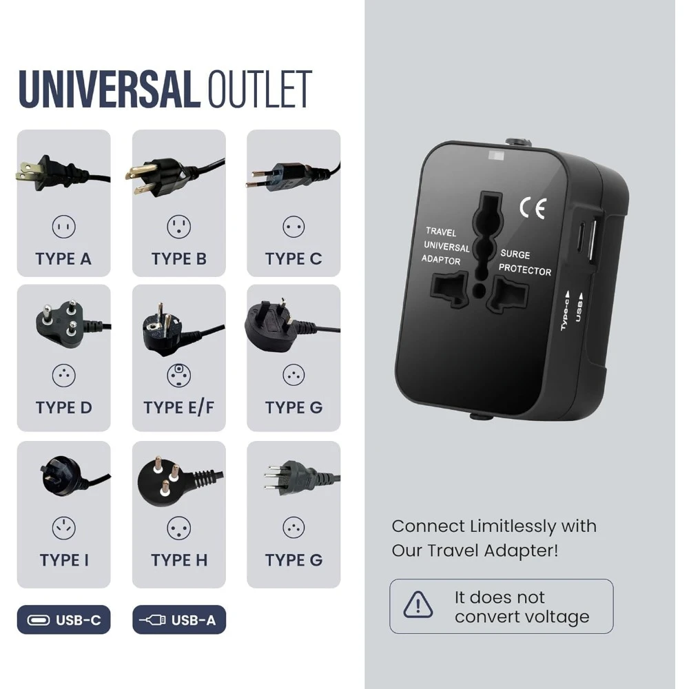 Universal Travel Adapter, All-in-One, Worldwide, USB/USB-C, Compatible with Apple Devices, Intl. Power Solution