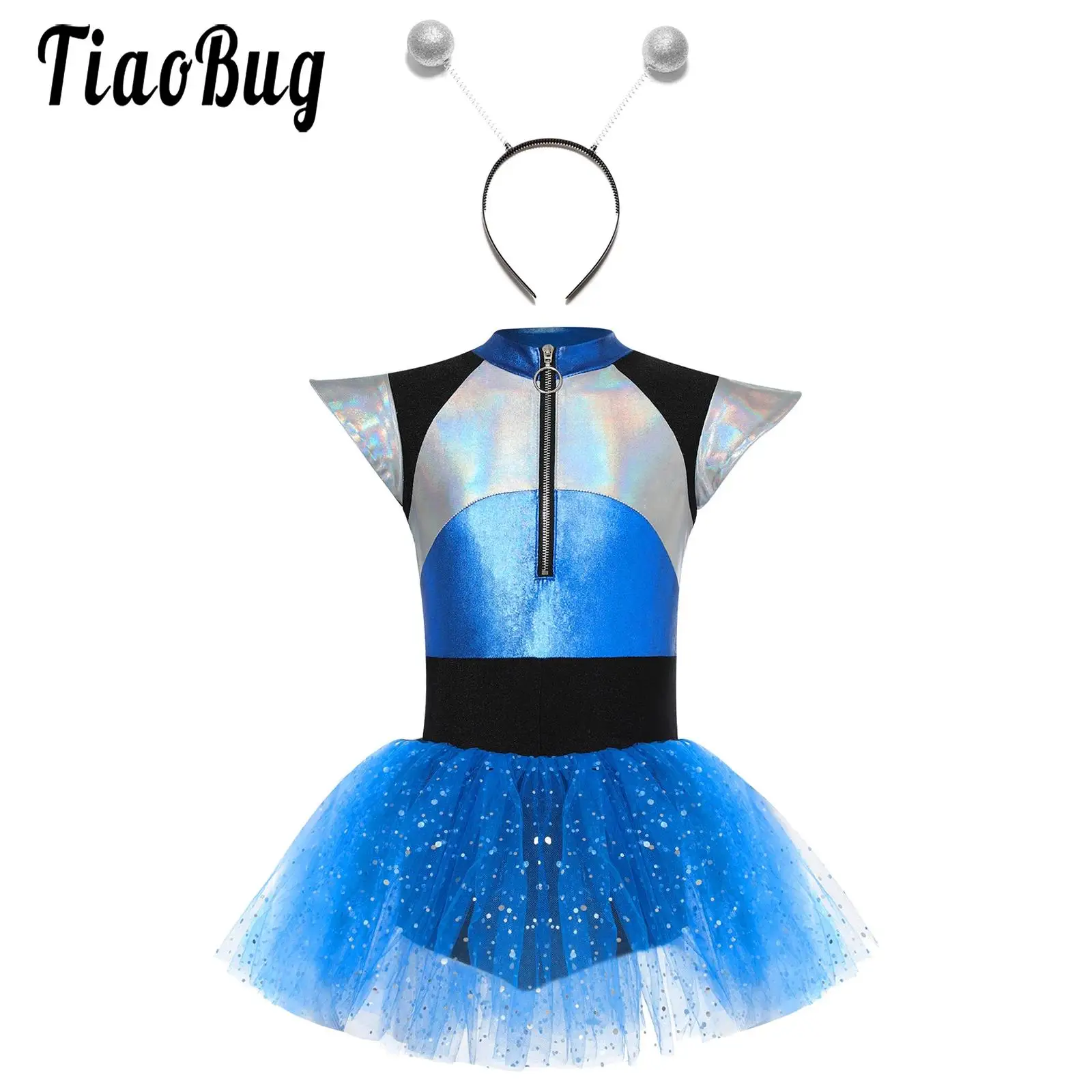 Kids Girls Alien Cosplay Costume Alien Hair Hoop Set Cheerleading Dance Dress Manica Corta Tutu Lucido Body Costume Di Halloween