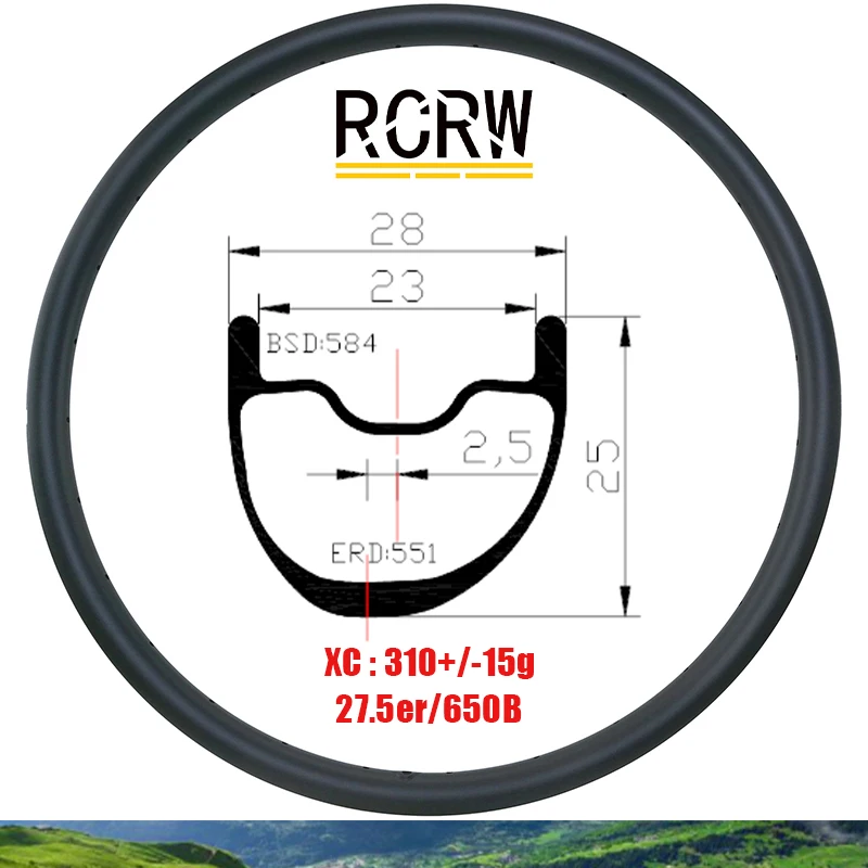 

27.5er 650B MTB XC 28X25mm 310g Asymmetric Carbon Rim 28 Wide 25 Deep Off-Road Clincher Tubeless UD 3K 12K Twill 24 28 32 Hole