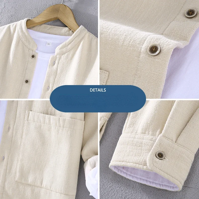 Cotton Linen Jacket Men Fleece Autumn Winter Stand-up Collar Pocket Long Sleeves Shirt Vintage Loose Coat Single-breasted Solid