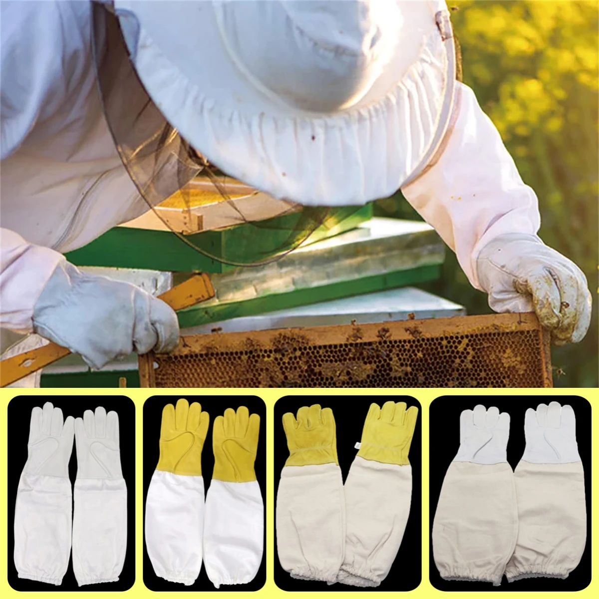 1Pair Breathable Beekeeping Gloves Soft Hand Straight Thumb Long Sleeves Sheepskin and Ventilation Fabric Apiculture Gloves 50cm