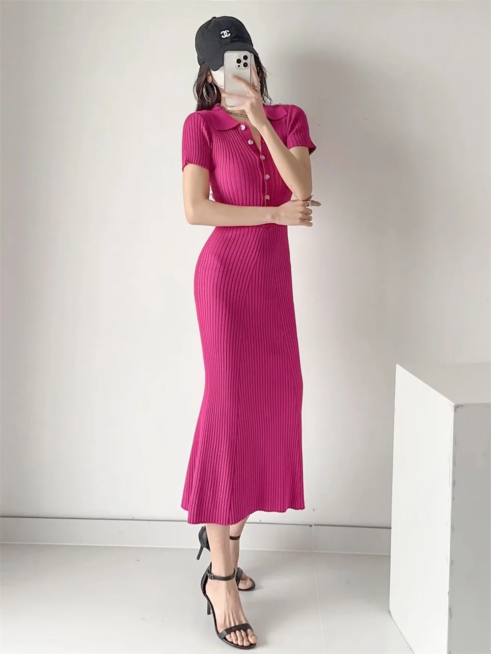 Ribbed High Waist Slim Maxi Dress For Women Knitwear Lapel Casual Elegant Party Dress Gown Fashion Short Sleeve Knit Dress