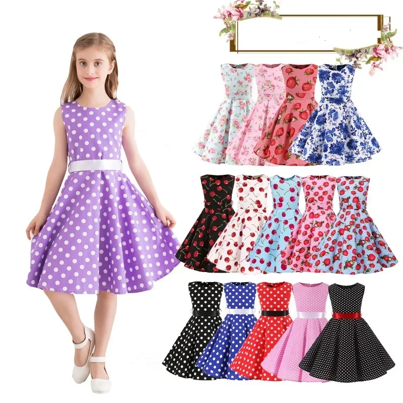 Polka Dot Vintage Kids 1950s Swing Dress Flower Floral Midi Dress Cotton Summer Dress Baby Girl 1