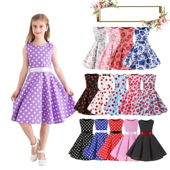 Polka Dot Vintage Kids 1950s Swing Dress Flower Floral Midi Dress Cotton Summer Dress Baby Girl 1