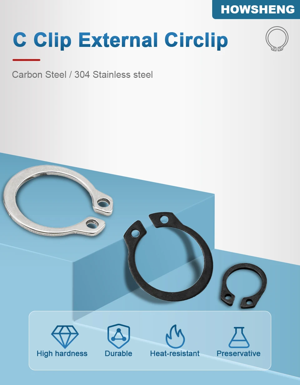HOWSHENG 1–100 Stück Außensicherungsring, Halteklammerring, 3–30 mm, Edelstahl, Kohlenstoffstahl, C-Clip-Unterlegscheibe für Schaft – Detail 1