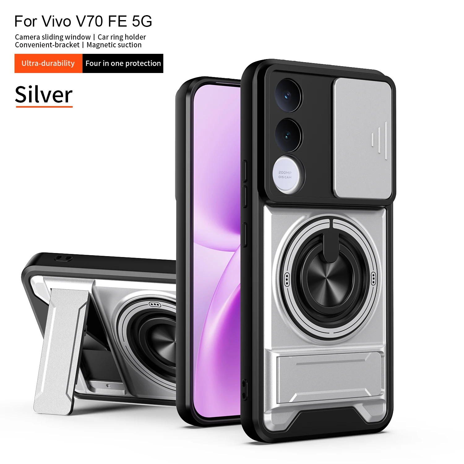 Rugged Shockproof Phone Case with Sliding Camera Cover and Magnetic Ring Kickstand