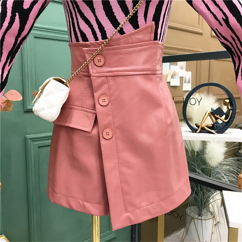 Korea New Fashion 2021 Autumn Shorts Womens Pu Faux Leather Solid Color Irregular Hips Button Elegant Mini | Женская одежда